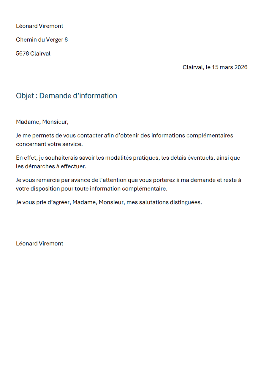 Exemple de document final Word Niveau 1 : courrier officiel simple et correctement mis en forme